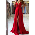 NumberSea - A - line Deep V - neck High Split Red Long Formal Dress