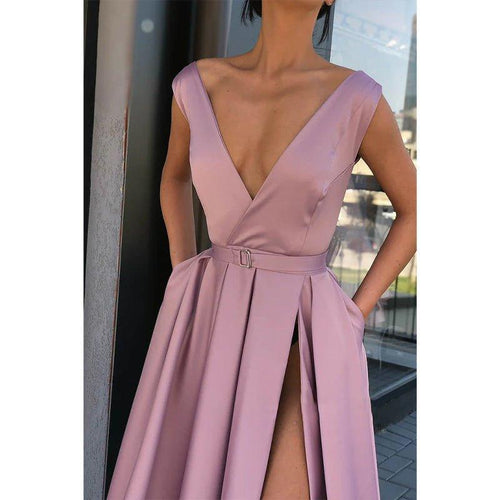 NumberSea - A - line Deep V - neck Red Satin High Split Long Prom Dress with Pockets