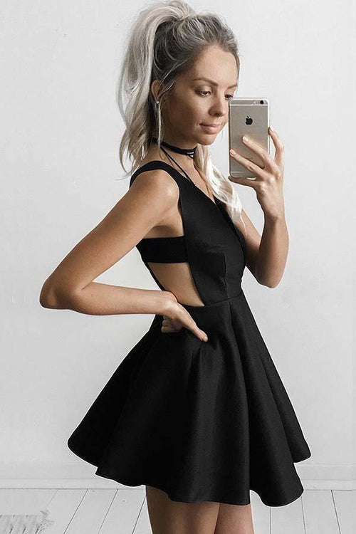 A-Linie, tiefer V-Ausschnitt, kurzes Cut-Out, schwarzes Satin-Homecoming-Kleid PD149