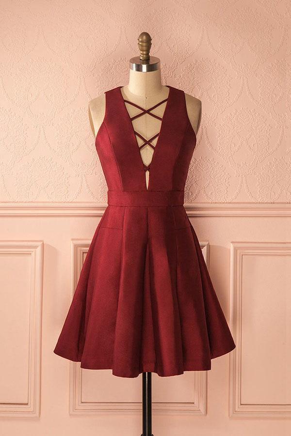 A-Line Deep V-Neck Sleeveless Lace-up Burgundy Satin Homecoming Dress