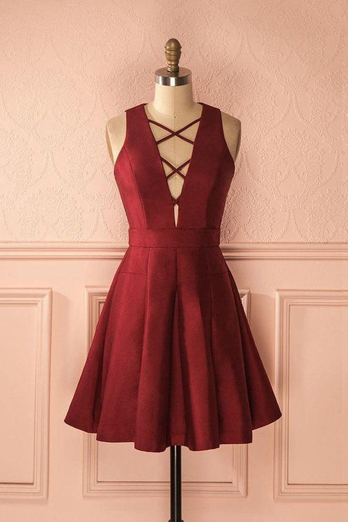 A-Linie, tiefer V-Ausschnitt, ärmellos, Schnürung, burgunderrotes Satin-Heimkehrkleid