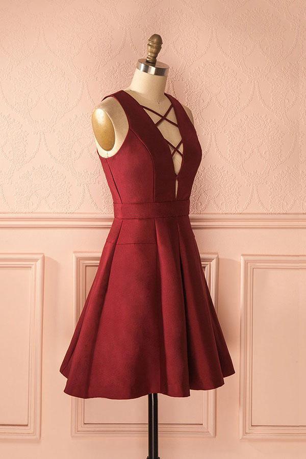 A-Line Deep V-Neck Sleeveless Lace-up Burgundy Satin Homecoming Dress