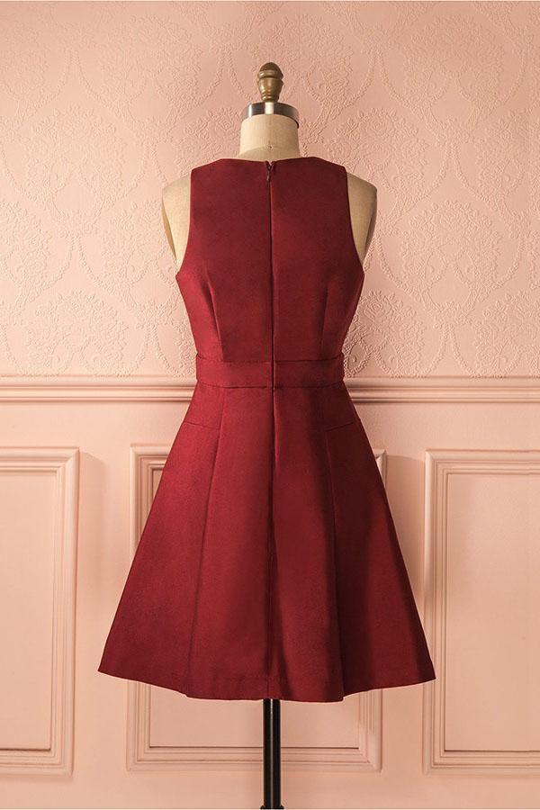 A-Line Deep V-Neck Sleeveless Lace-up Burgundy Satin Homecoming Dress