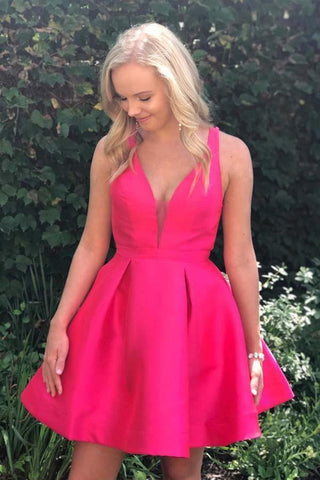 A-Line Deep V-Neck Straps Above-Knee Fuchsia Satin Homecoming Dress