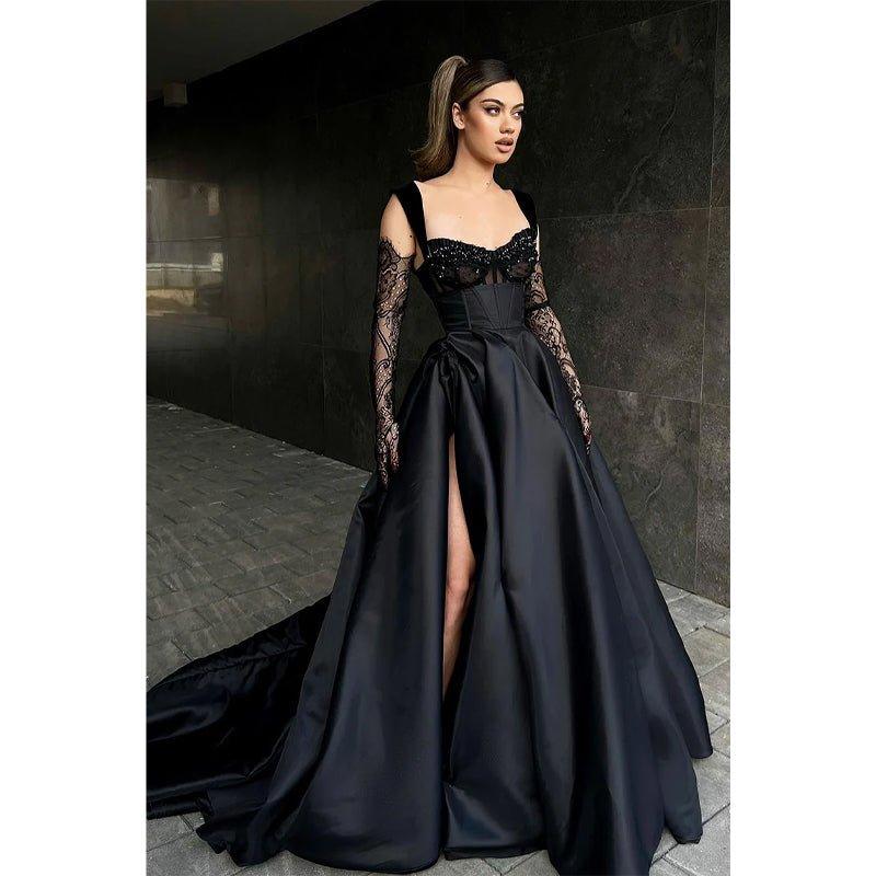 NumberSea-A Line Double Straples Side Slit Black Long Prom Formal Dress As Picture NumberSea-A Line Double Straples Side Slit Black Long Prom Formal Dress As Picture