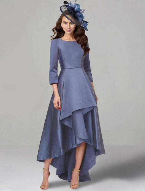 NumberSea - A - Line Dress Mother of the Bride Dress Elegant V Neck Tea Length Satin 3/4 Length Sleeve