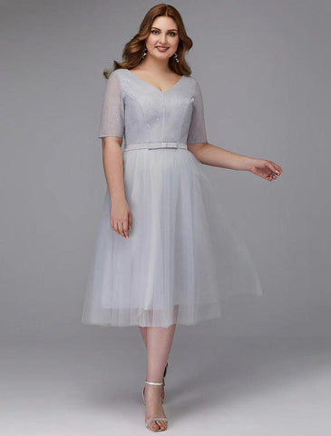 NumberSea - A - Line Elegant Dress Wedding Guest Cocktail Party Tea Length Short Sleeve V Neck Lace Lace - up with Sash / Ribbon