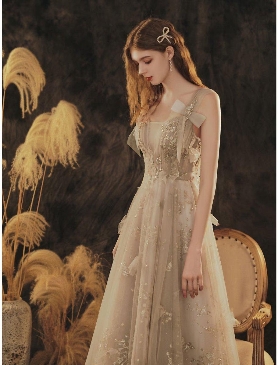 NumberSea - A - Line Elegant Floral Engagement Formal Evening Dress Scoop Neck Sleeveless Floor Length Tulle with Bow(s) Pleats