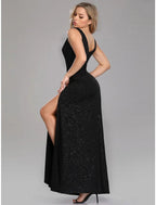 NumberSea - A - Line Elegant Formal Evening Dress V Neck Sleeveless Floor Length Cotton Blend with Draping
