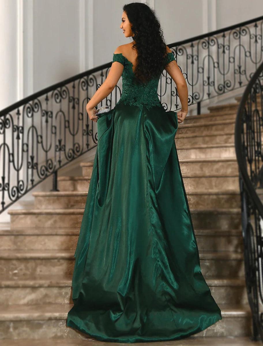 NumberSea - A - Line Elegant High Split Prom Formal Evening Dress Off Shoulder Short Sleeve Sweep / Brush Train Lace with Slit Appliques