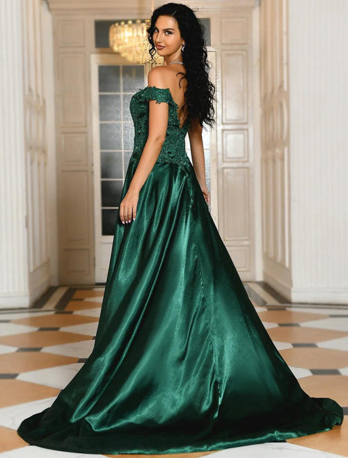 NumberSea - A - Line Elegant High Split Prom Formal Evening Dress Off Shoulder Short Sleeve Sweep / Brush Train Lace with Slit Appliques