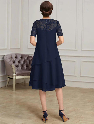 NumberSea - A - Line Elegant Length Chiffon Short Sleeve with Lace Mother of the Bride Dress
