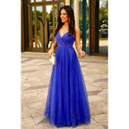 NumberSea - A - Line Elegant & Luxurious V - Neck Criss - Cross Straps Backless Formal Prom Dress