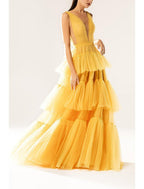 NumberSea - A - Line Elegant Princess Wedding Guest Formal Evening Dress V Neck Sleeveless Court Train Tulle with Tier Pure Color