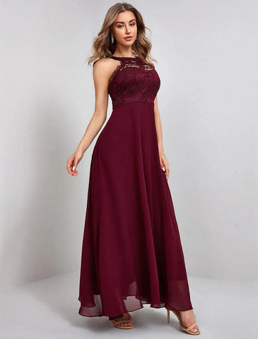 NumberSea - A - Line Elegant Vintage Party Wear Formal Evening Dress Jewel Neck Sleeveless Ankle Length Nylon with Lace Insert Pure Color Splicing