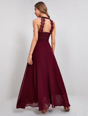 NumberSea - A - Line Elegant Vintage Party Wear Formal Evening Dress Jewel Neck Sleeveless Ankle Length Nylon with Lace Insert Pure Color Splicing