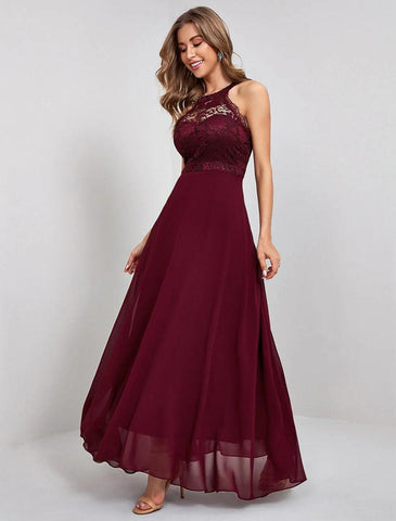 NumberSea - A - Line Elegant Vintage Party Wear Formal Evening Dress Jewel Neck Sleeveless Ankle Length Nylon with Lace Insert Pure Color Splicing