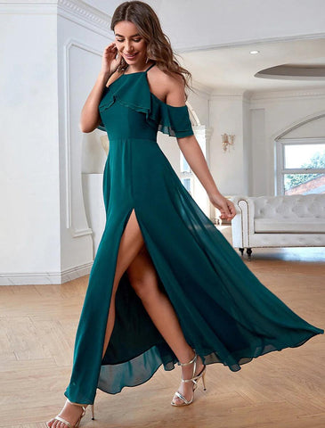 NumberSea - A - Line Elegant Vintage Party Wear Formal Evening Dress Spaghetti Strap Short Sleeve Ankle Length Chiffon with Ruffles Slit Pure Color