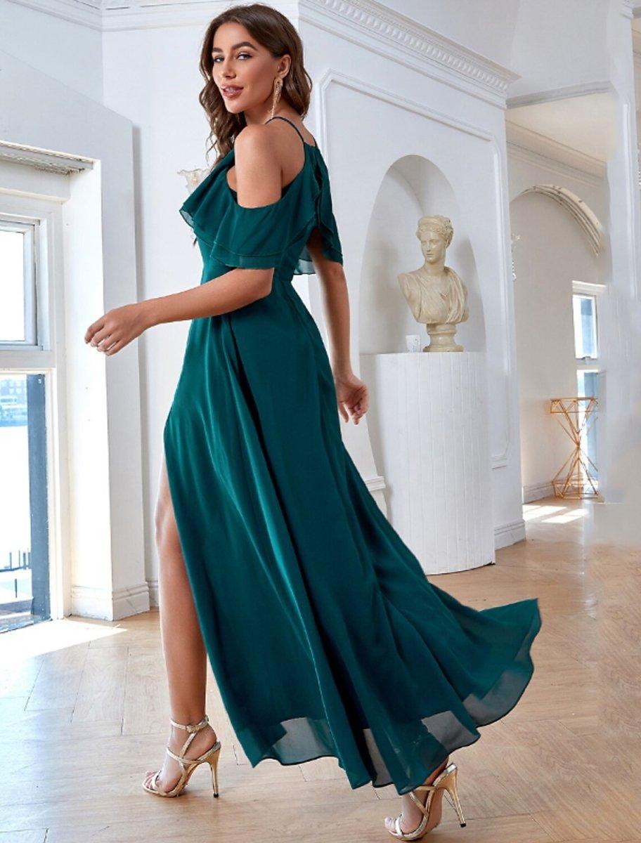 NumberSea - A - Line Elegant Vintage Party Wear Formal Evening Dress Spaghetti Strap Short Sleeve Ankle Length Chiffon with Ruffles Slit Pure Color