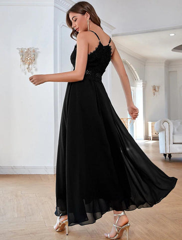 NumberSea - A - Line Elegant Vintage Party Wear Formal Evening Dress V Neck Sleeveless Ankle Length Chiffon with Sequin Pure Color Splicing