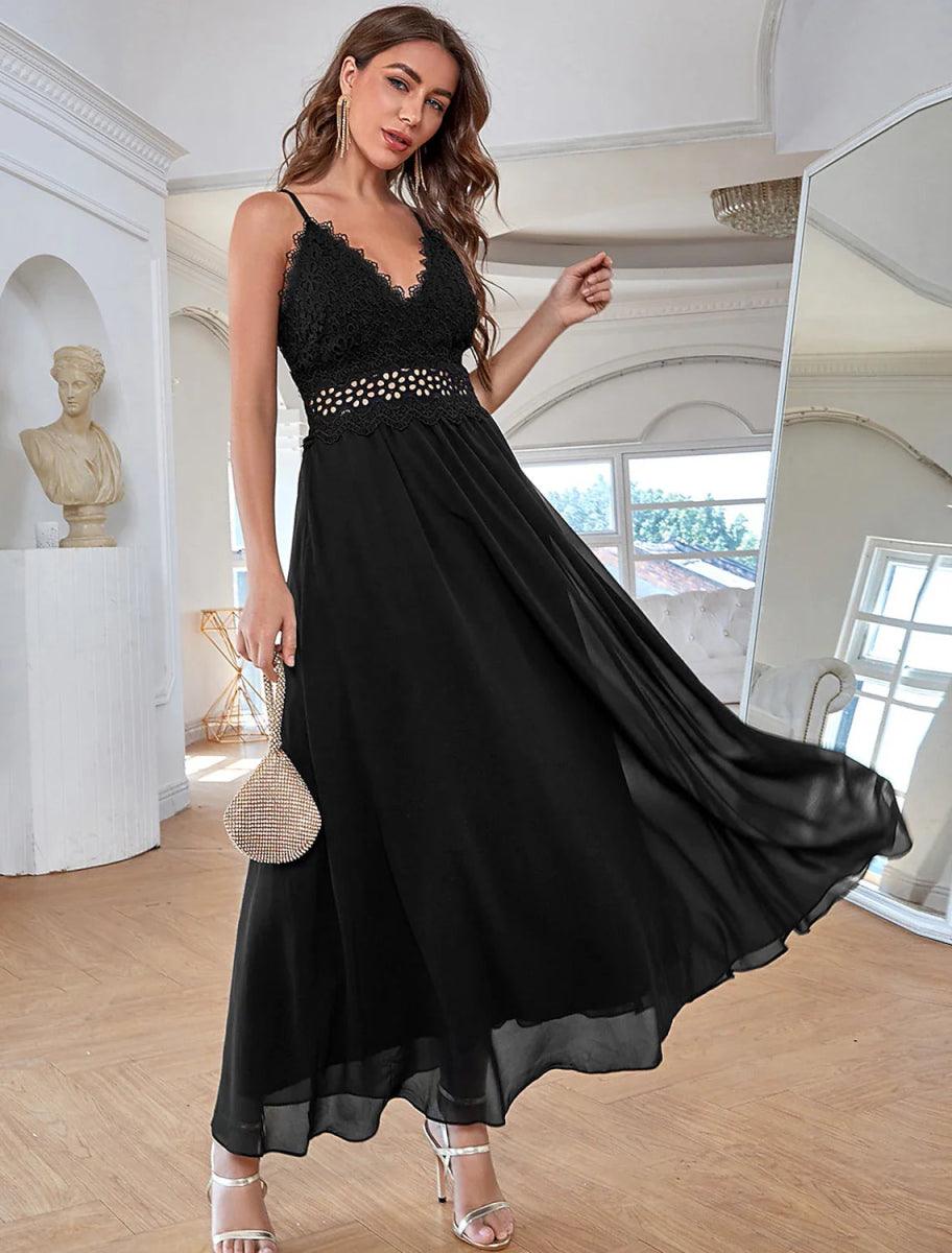 NumberSea - A - Line Elegant Vintage Party Wear Formal Evening Dress V Neck Sleeveless Ankle Length Chiffon with Sequin Pure Color Splicing