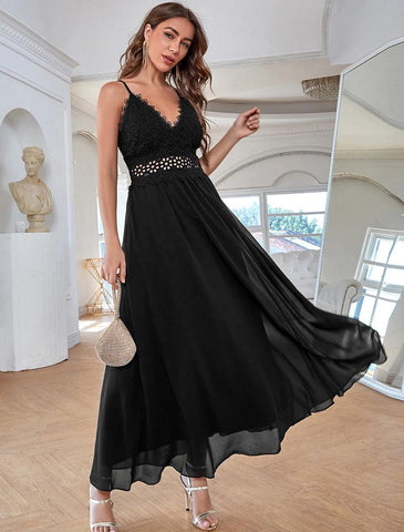 NumberSea - A - Line Elegant Vintage Party Wear Formal Evening Dress V Neck Sleeveless Ankle Length Chiffon with Sequin Pure Color Splicing