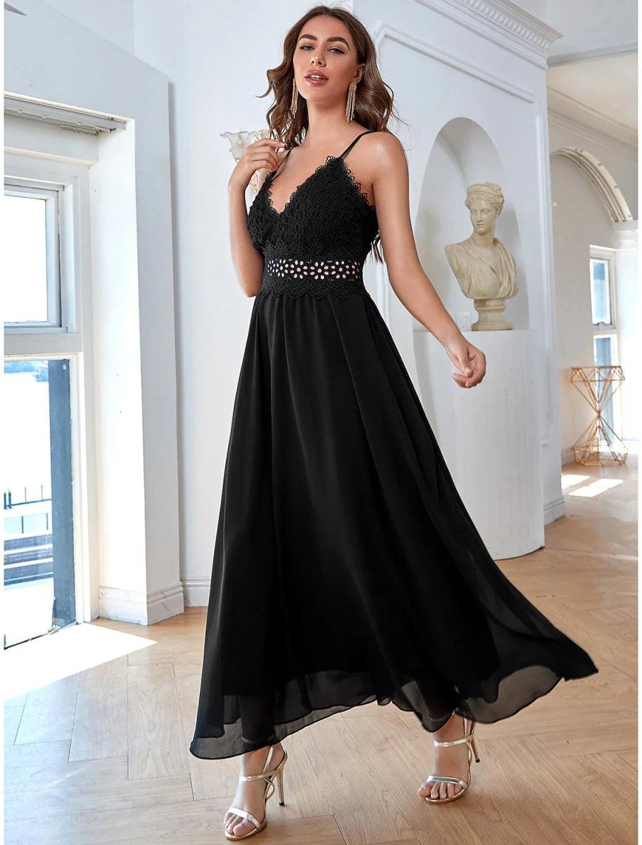 NumberSea - A - Line Elegant Vintage Party Wear Formal Evening Dress V Neck Sleeveless Ankle Length Chiffon with Sequin Pure Color Splicing