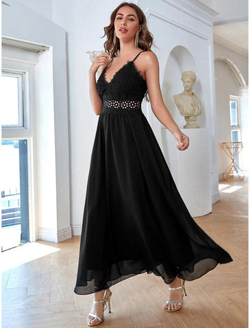 NumberSea - A - Line Elegant Vintage Party Wear Formal Evening Dress V Neck Sleeveless Ankle Length Chiffon with Sequin Pure Color Splicing