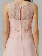 NumberSea - A - Line Empire Dress Wedding Guest Floor Length Sleeveless Illusion Neck Chiffon with Beading Appliques