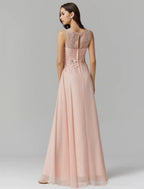 NumberSea - A - Line Empire Dress Wedding Guest Floor Length Sleeveless Illusion Neck Chiffon with Beading Appliques