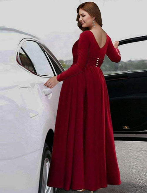 NumberSea - A - Line Empire Plus Size Holiday Formal Evening Dress V Neck Long Sleeve Floor Length Stretch Chiffon with Pleats Slit Pure Color
