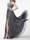 NumberSea - A - Line Empire Prom Formal Evening Dress Jewel Neck Sleeveless Sweep / Brush Train Chiffon with Crystals Split Front