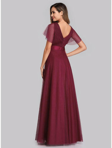 NumberSea - A - Line Empire Wedding Guest Prom Dress V Neck V Back Short Sleeve Floor Length Chiffon with Pleats Ruched