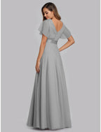 NumberSea - A - Line Empire Wedding Guest Prom Dress V Neck V Back Short Sleeve Floor Length Chiffon with Pleats Ruched