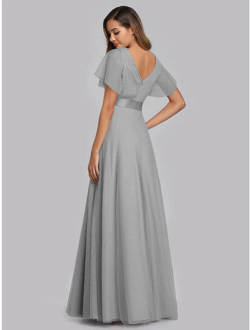 NumberSea - A - Line Empire Wedding Guest Prom Dress V Neck V Back Short Sleeve Floor Length Chiffon with Pleats Ruched