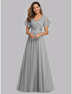 NumberSea - A - Line Empire Wedding Guest Prom Dress V Neck V Back Short Sleeve Floor Length Chiffon with Pleats Ruched