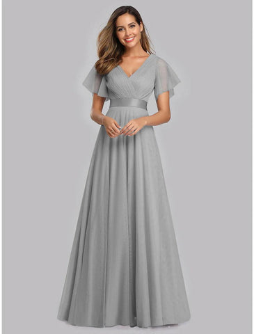 NumberSea - A - Line Empire Wedding Guest Prom Dress V Neck V Back Short Sleeve Floor Length Chiffon with Pleats Ruched