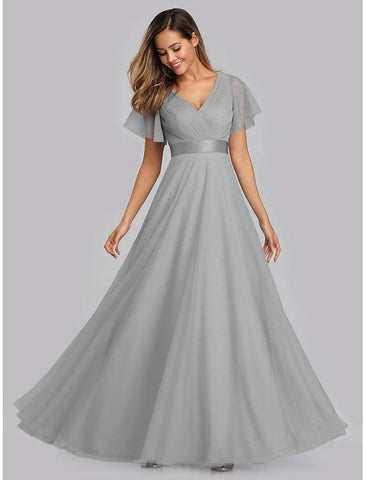 NumberSea - A - Line Empire Wedding Guest Prom Dress V Neck V Back Short Sleeve Floor Length Chiffon with Pleats Ruched