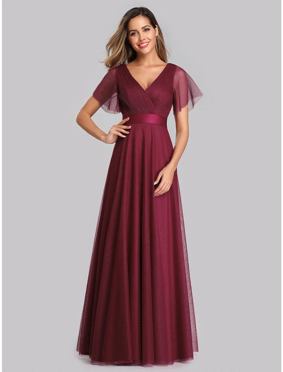 NumberSea - A - Line Empire Wedding Guest Prom Dress V Neck V Back Short Sleeve Floor Length Chiffon with Pleats Ruched