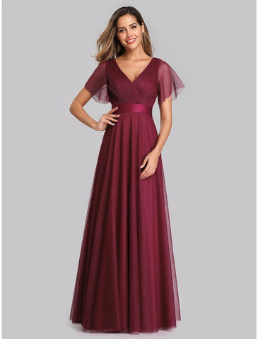 NumberSea - A - Line Empire Wedding Guest Prom Dress V Neck V Back Short Sleeve Floor Length Chiffon with Pleats Ruched