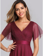 NumberSea - A - Line Empire Wedding Guest Prom Dress V Neck V Back Short Sleeve Floor Length Chiffon with Pleats Ruched