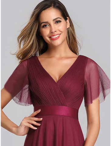 NumberSea - A - Line Empire Wedding Guest Prom Dress V Neck V Back Short Sleeve Floor Length Chiffon with Pleats Ruched