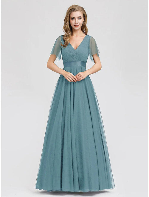 NumberSea - A - Line Empire Wedding Guest Prom Dress V Neck V Back Short Sleeve Floor Length Chiffon with Pleats Ruched