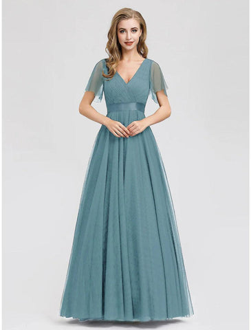 NumberSea - A - Line Empire Wedding Guest Prom Dress V Neck V Back Short Sleeve Floor Length Chiffon with Pleats Ruched