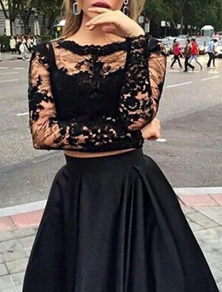 NumberSea - A - Line Evening Dress Black Dress Vintage Dress Masquerade Floor Length Long Sleeve Jewel Neck Gothic Satin with Appliques