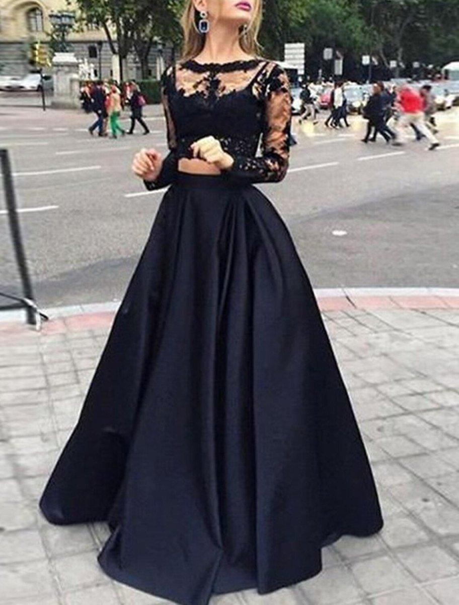 NumberSea - A - Line Evening Dress Black Dress Vintage Dress Masquerade Floor Length Long Sleeve Jewel Neck Gothic Satin with Appliques
