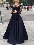 NumberSea - A - Line Evening Dress Black Dress Vintage Dress Masquerade Floor Length Long Sleeve Jewel Neck Gothic Satin with Appliques