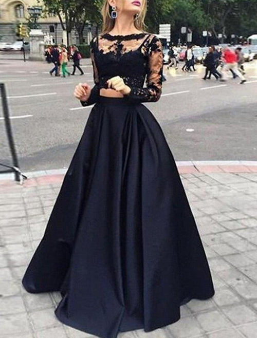 NumberSea - A - Line Evening Dress Black Dress Vintage Dress Masquerade Floor Length Long Sleeve Jewel Neck Gothic Satin with Appliques
