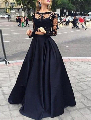 NumberSea - A - Line Evening Dress Black Dress Vintage Dress Masquerade Floor Length Long Sleeve Jewel Neck Gothic Satin with Appliques