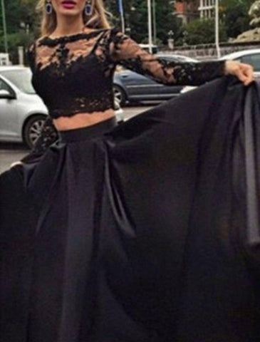 NumberSea - A - Line Evening Dress Black Dress Vintage Dress Masquerade Floor Length Long Sleeve Jewel Neck Gothic Satin with Appliques